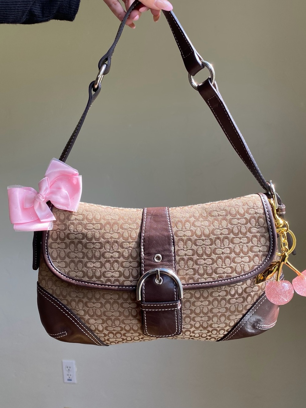 Coach Brown Monogram Shoulder Bag with Pink Bow